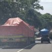 FOTO : Truk fuso yang memiliki roda 10 sedang bebas melintas membawa kayu log di ruas Jalan Kurun Palangak Raya. 