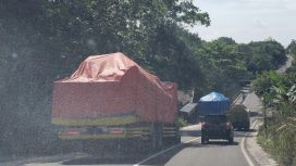 FOTO : Truk fuso yang memiliki roda 10 sedang bebas melintas membawa kayu log di ruas Jalan Kurun Palangak Raya. 