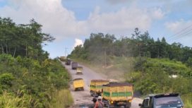 Tampak ruas Jalan Kurun Palangka Raya tepatnya dipertengahan Desa Teluk Nyatu dan Tewang Pajangan yang rusak dan masih belum ditangani secara baik.