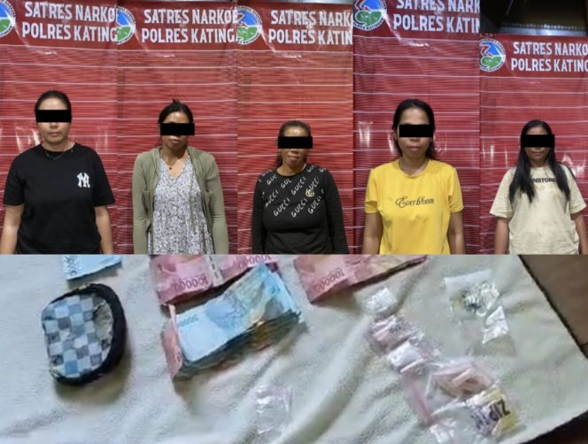 
					FOTO : Lima IRT bersama barang bukti diamankan di Polres Katingan.