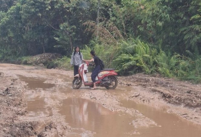 
					RUSAK : Kondisi ruas jalan dari Tewah menuju ke Tumbang Miri yang rusak parah dan berlumpur, Kamis, 10 Juli 2025.