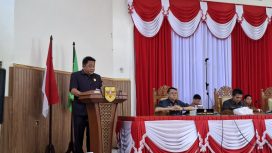 PANDANGAN UMUM : Juru Bicara Fraksi Partai Golkar DPRD Kabupaten Gumas Charles Frengki ketika menyampaikan pandangan umum atas penyampaian Pidato Pengantar Bupati terhadap Rancangan Akhir RPJMD tahun 2025-2029, di rapat paripurna ke-8 masa persidangan III tahun sidang 2025, Selasa, 1 Juli 2025