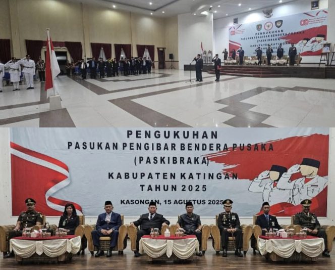 
					FOTO : 48 Anggota Paskibraka saat prosesi pengukuhan oleh Bupati Katingan Saiful.
