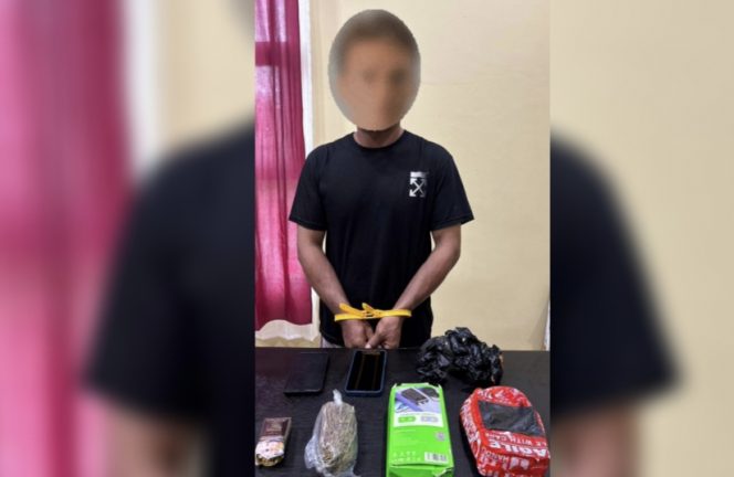 
					FOTO : AN dan barang bukti saat diamankan Satresnarkoba Polres Katingan.