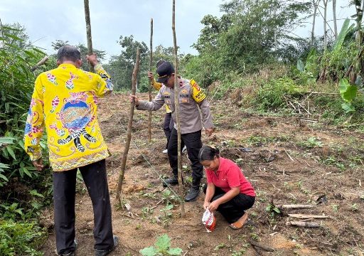 TANAM JAGUNG : Kapolsek Rungan Ipda M. Helmi Hakim, S.H bersama personel polsek, perangkat desa dan pengurus BUMDes, ketika melakukan penanaman jagung di Desa Jalemu Masulan, Kecamatan Rungan Barat, usai pelaksanaan penanaman jagung, Kamis, 7 Mei 2026.