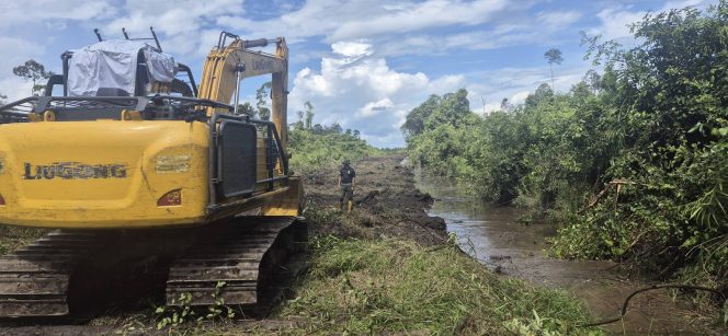 
					FOTO : Suasana kegiatan pembukaan badan jalan menuju Desa Tewang Baringin dengan menggunakan alat berat excavator oleh Kodim 1019 Katingan.