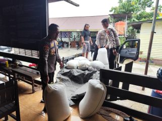 KAWAL : Kapolsek Sepang Ipda Purwanto, S.H dan personel polsek ketika mengawal pendistribusian ratusan kilogram hasil panen jagung pipil, untuk dibawa ke Gudang Bulog Kuala Kurun, Senin, 29 Juni 2026.