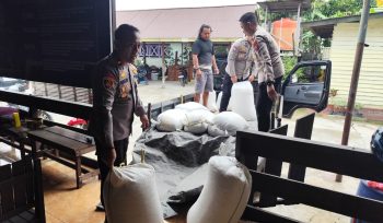 KAWAL : Kapolsek Sepang Ipda Purwanto, S.H dan personel polsek ketika mengawal pendistribusian ratusan kilogram hasil panen jagung pipil, untuk dibawa ke Gudang Bulog Kuala Kurun, Senin, 29 Juni 2026.