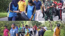 FOTO : Suasana jalan sehat pemerintah dan warga sambil pungut sampah di sepanjang jalan.