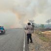 TERBAKAR : Sejumlah pihak terkait berjibaku memadamkan api yang membakar lahan di ruas jalan lintas Kurun-Tewah, tepatnya di kilometer 8, Kecamatan Tewah, Selasa, 18 Agustus 2026 sore.