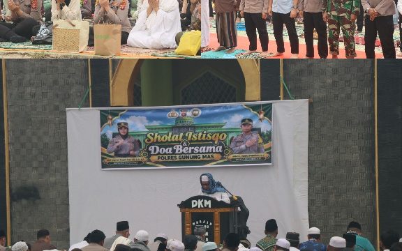 SALAT ISTISQO : Suasana pelaksanaan Salat Istisqo dan doa bersama memohon turun hujan, di halaman Masjid Agung Darun Najah, Kelurahan Tampang Tumbang Anjir, Kecamatan Kurun, Kamis, 10 September 2026 pagi.