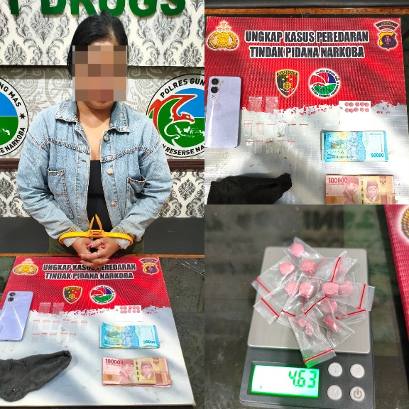 AMANKAN : Perempuan berinisial M dan sejumlah barang bukti pil ekstasi ketika diamankan di kantor Satres Narkoba Polres Gumas, Rabu, 28 Oktober 2026.
